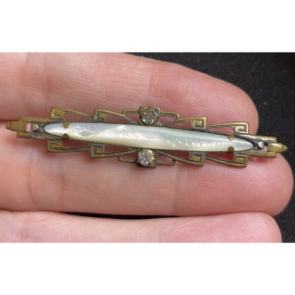 Antique Art Deco Mop Bar Pin Brooch Clear Stones Mother Of Pearl C Clasp - Picture 2 of 8